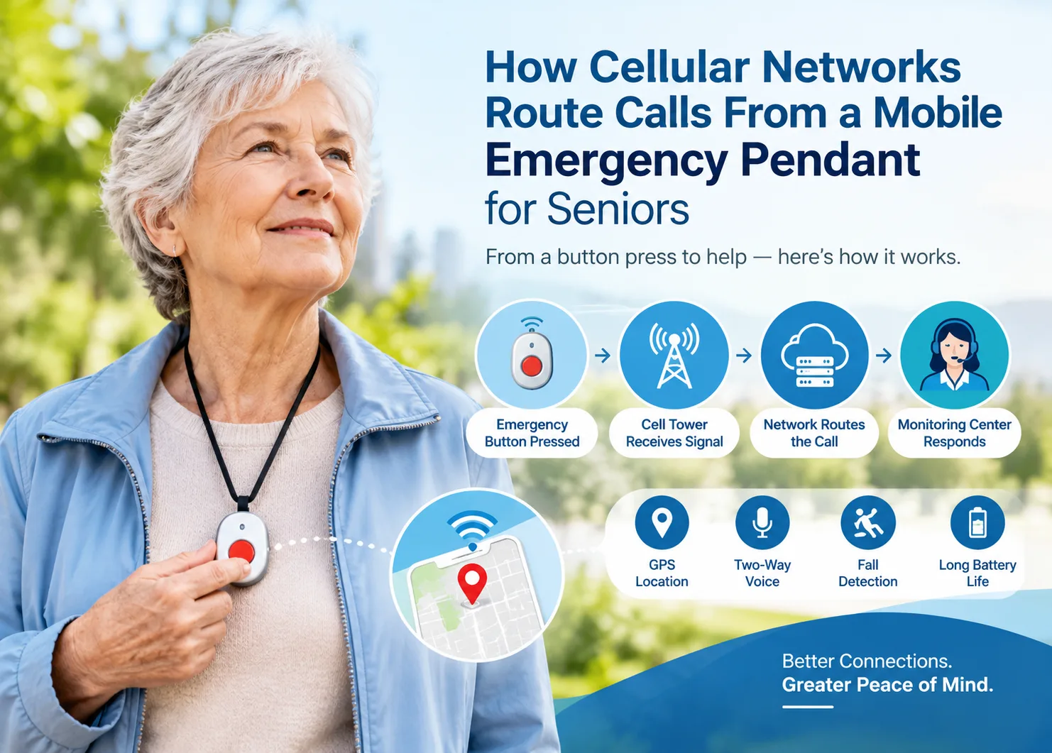 A senior woman wearing a mobile emergency pendant is shown alongside a cellular call-routing infographic, illustrating GPS location tracking, two-way voice communication, fall detection, and connection to a monitoring center for reliable emergency assistance.